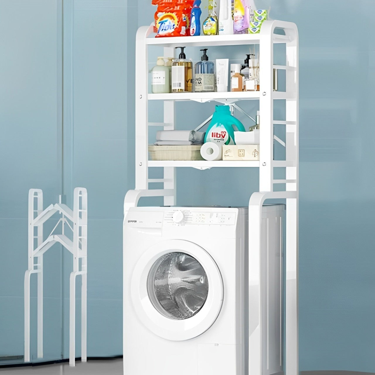 Multi-Layer Laundry Shelf Rack With Laundry Items.