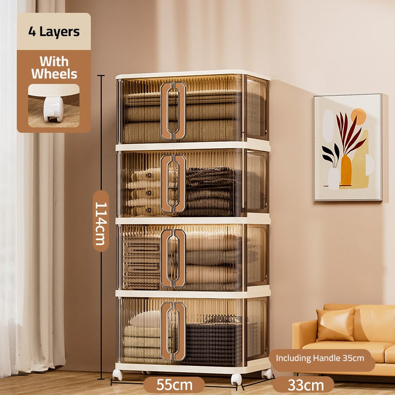 A Multi-Layer Movable Storage Cabinet Organized with Quilts.