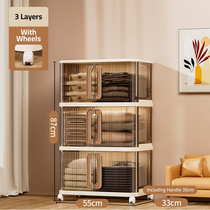 A Multi-Layer Movable Storage Cabinet Organized with Quilts.