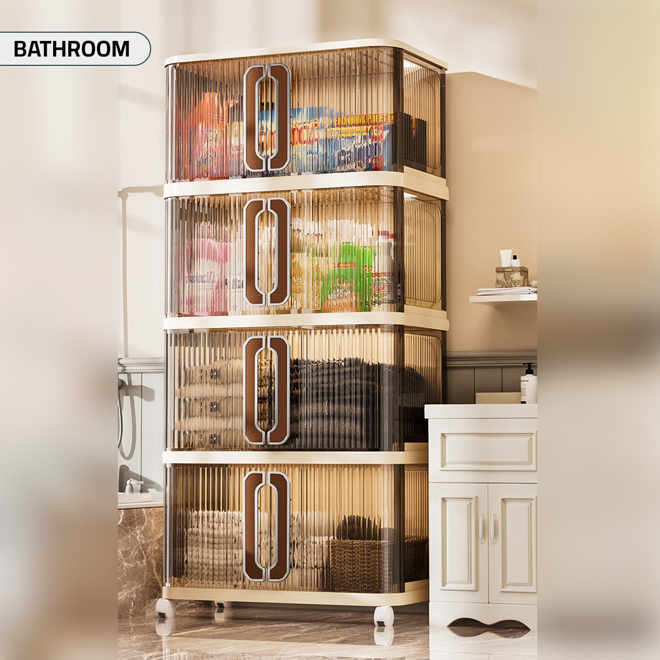 Multi-Layer Movable Storage Cabinet Organized with Bathroom Accessoris.