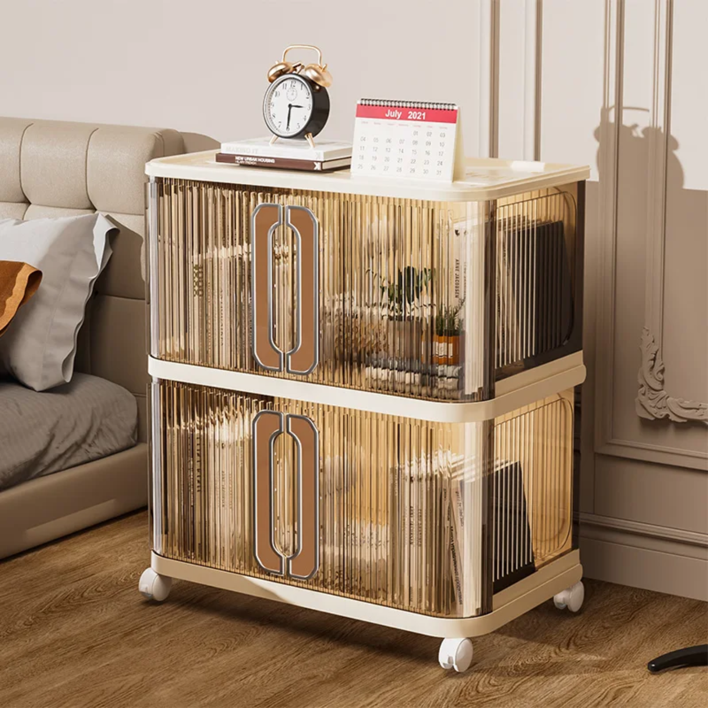 A Multi-Layer Movable Storage Cabinet is Placed st Side Of Bed.