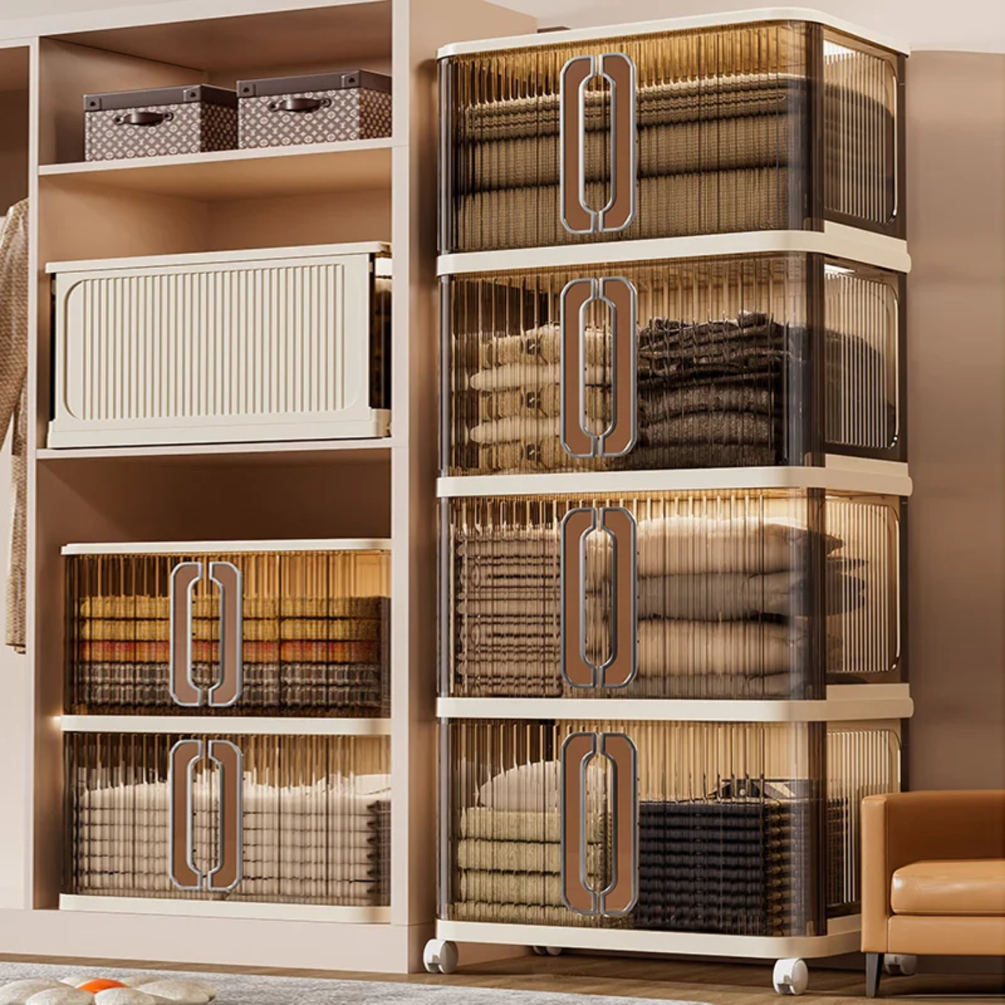 A Multi-Layer Movable Storage Cabinet is Organized with Clothes.