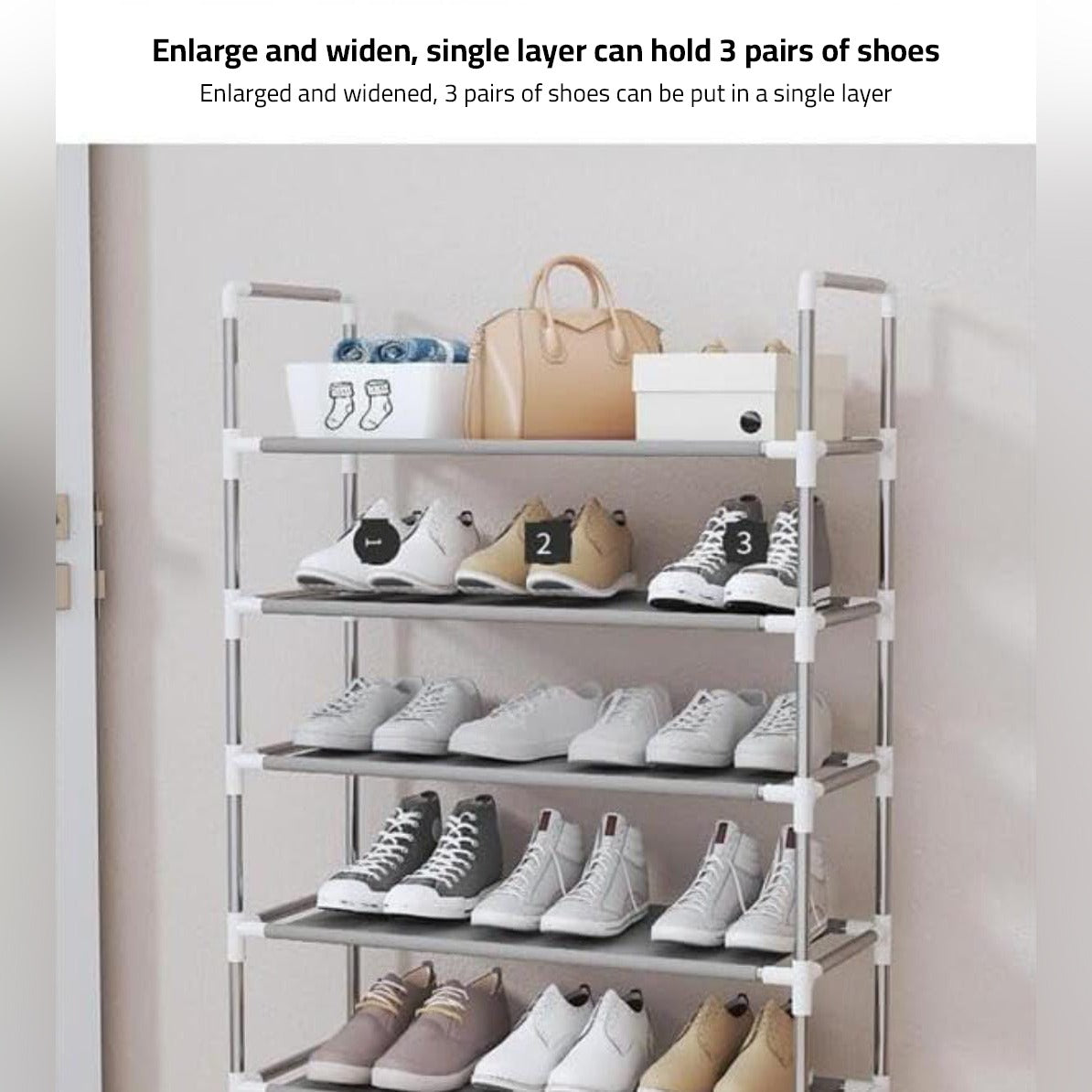 Multi-Layer Shoe Organizer Shelf Stand Iin Which Shoes Are Organized.