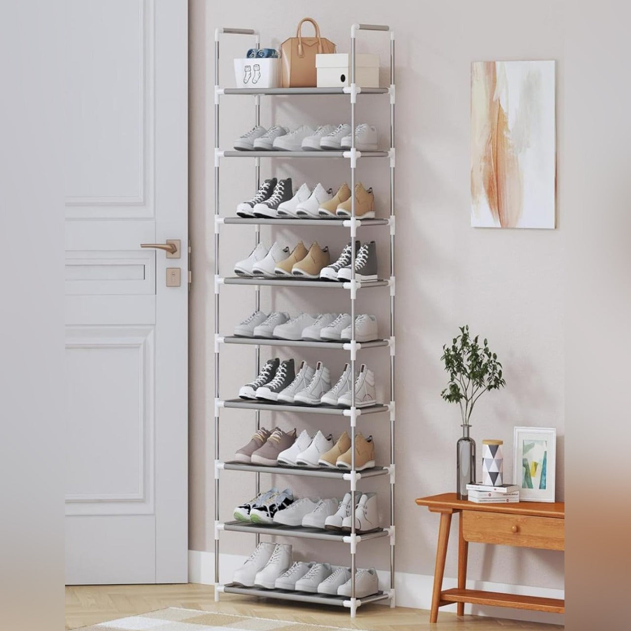 Multi-Layer Shoe Organizer Shelf Stand In Which Shoes Are Organized.
