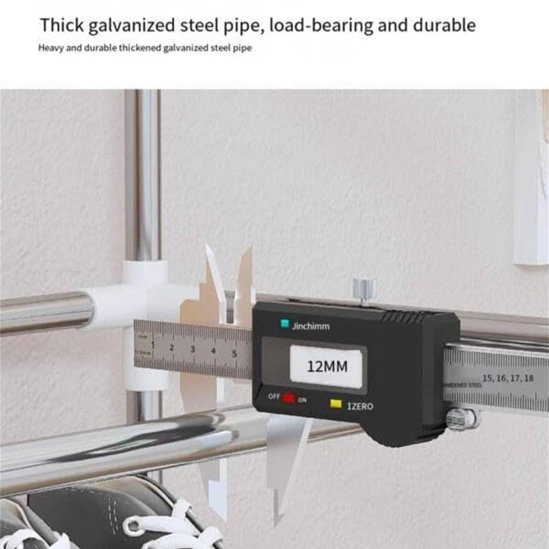 Measuring Thickness Of Multi-Layer Shoe Organizer Shelf Stand Iin Which Shoes Are Organized.