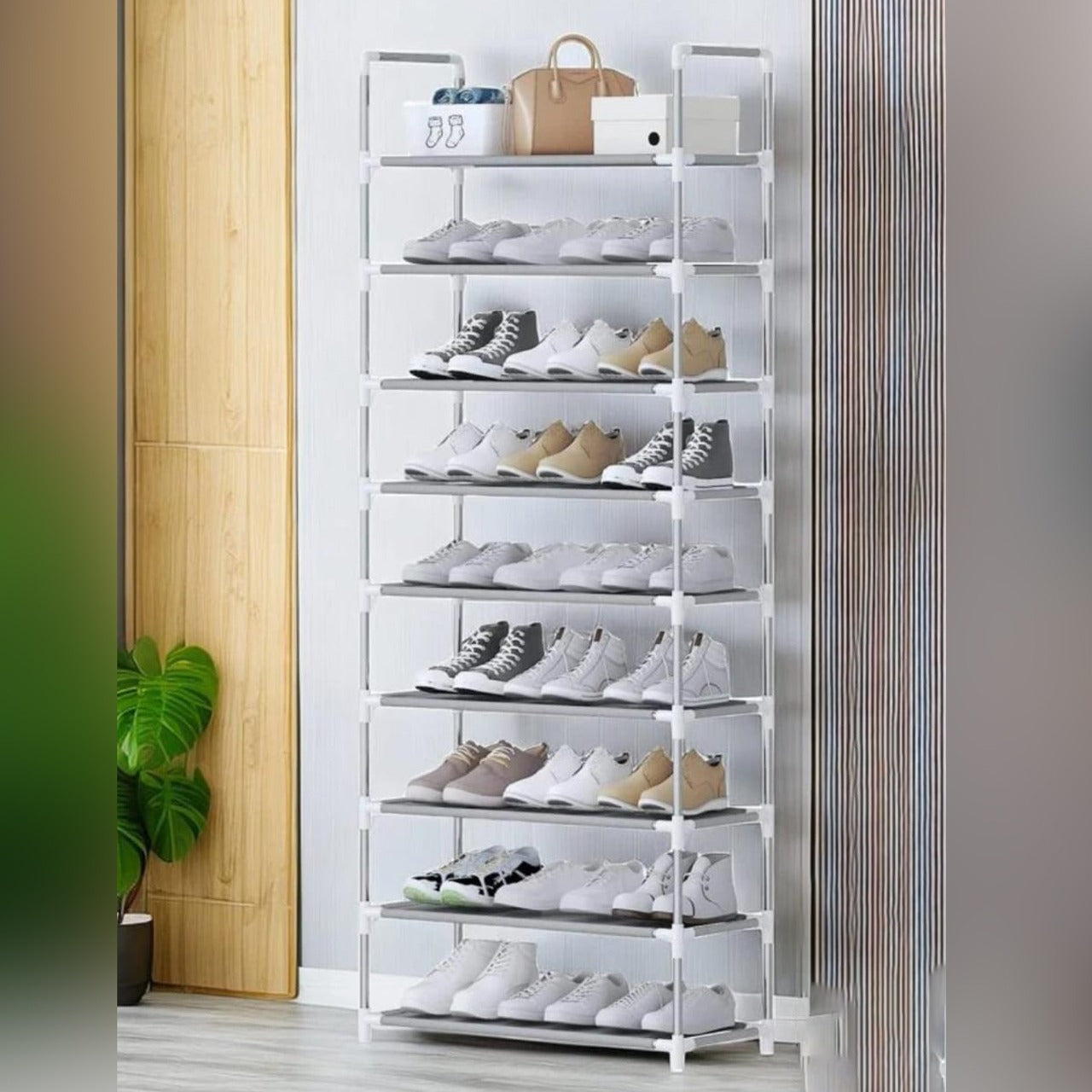 Multi-Layer Shoe Organizer Shelf Stand Iin Which Shoes Are Organized.