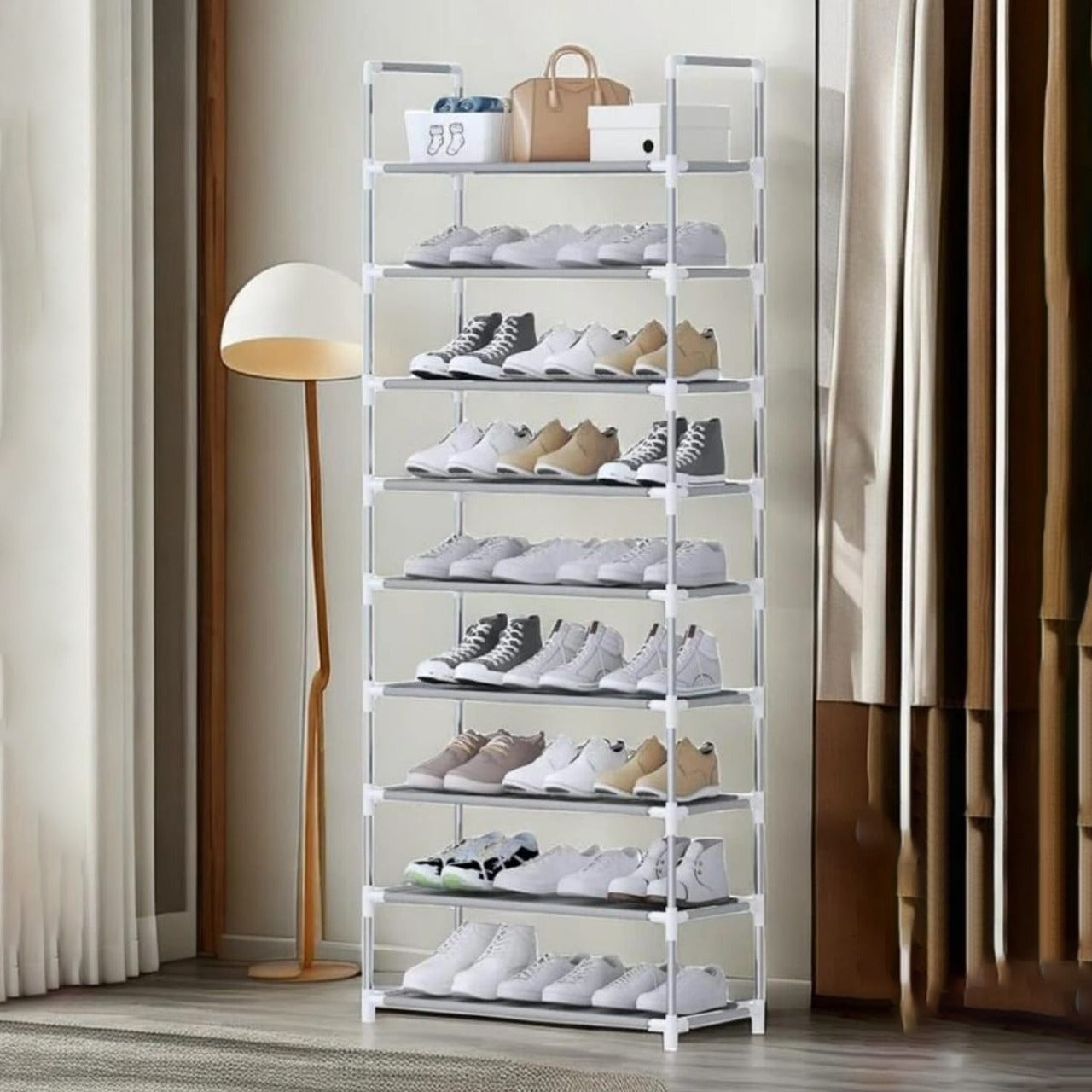 Multi-Layer Shoe Organizer Shelf Stand Iin Which Shoes Are Organized.