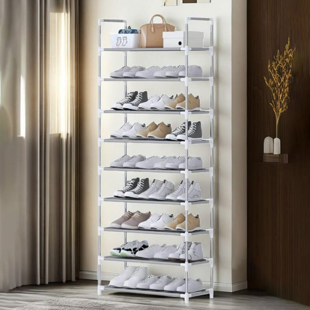Multi-Layer Shoe Organizer Shelf Stand Iin Which Shoes Are Organized.