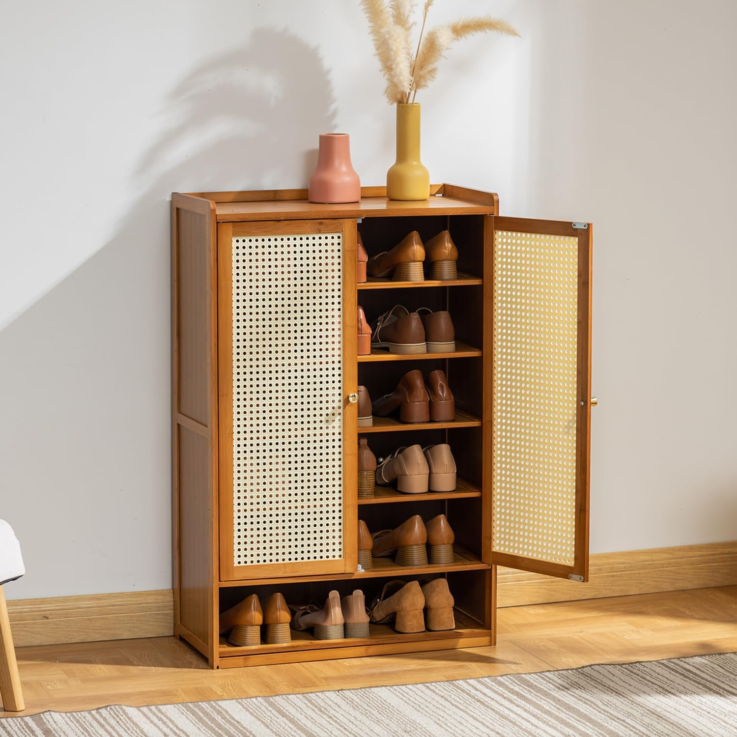 Multi-Layer Wooden Flip Down Shoe Storage Organizer Rack Organized with Shoes.