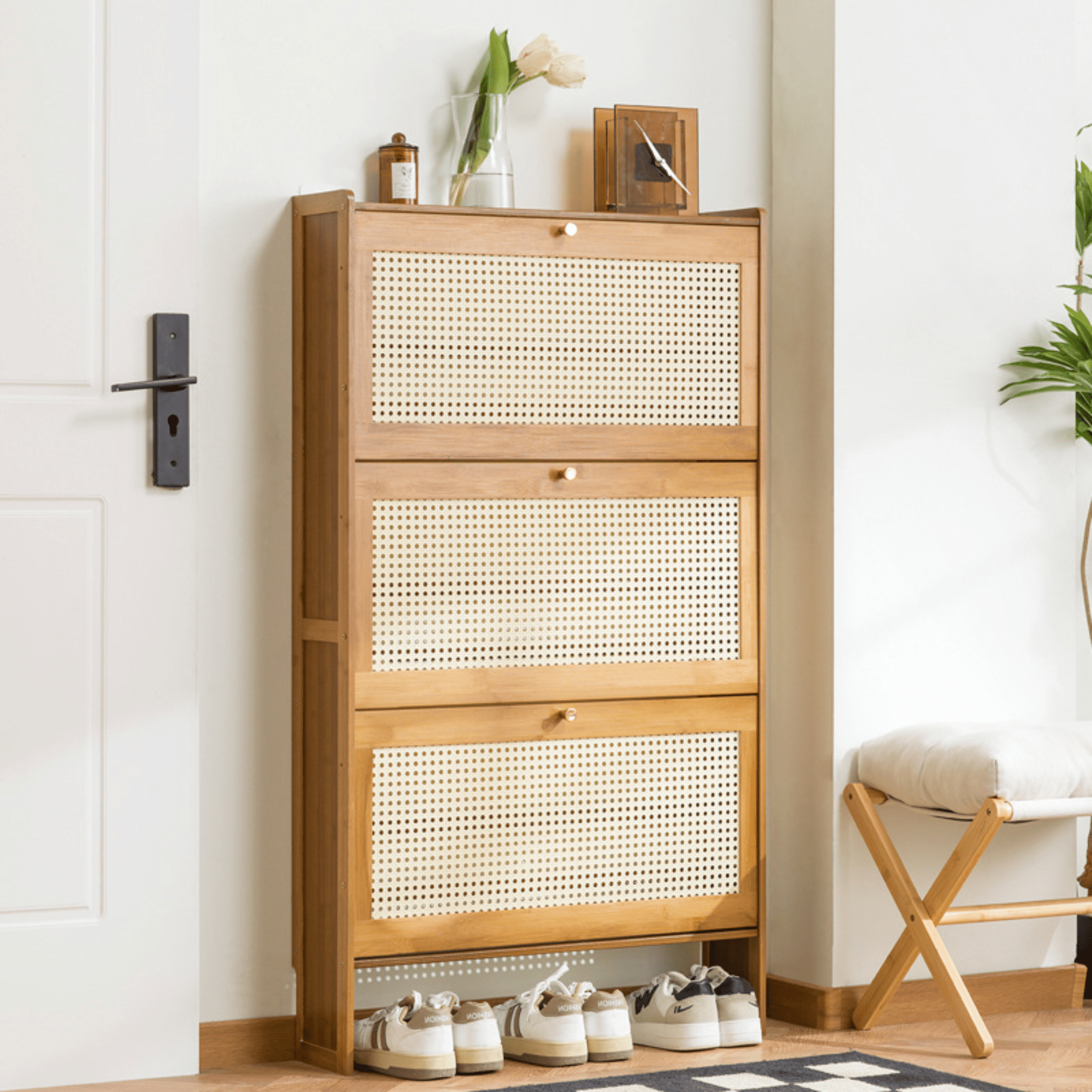 Multi-Layer Wooden Flip Down Shoe Storage Organizer Rack.