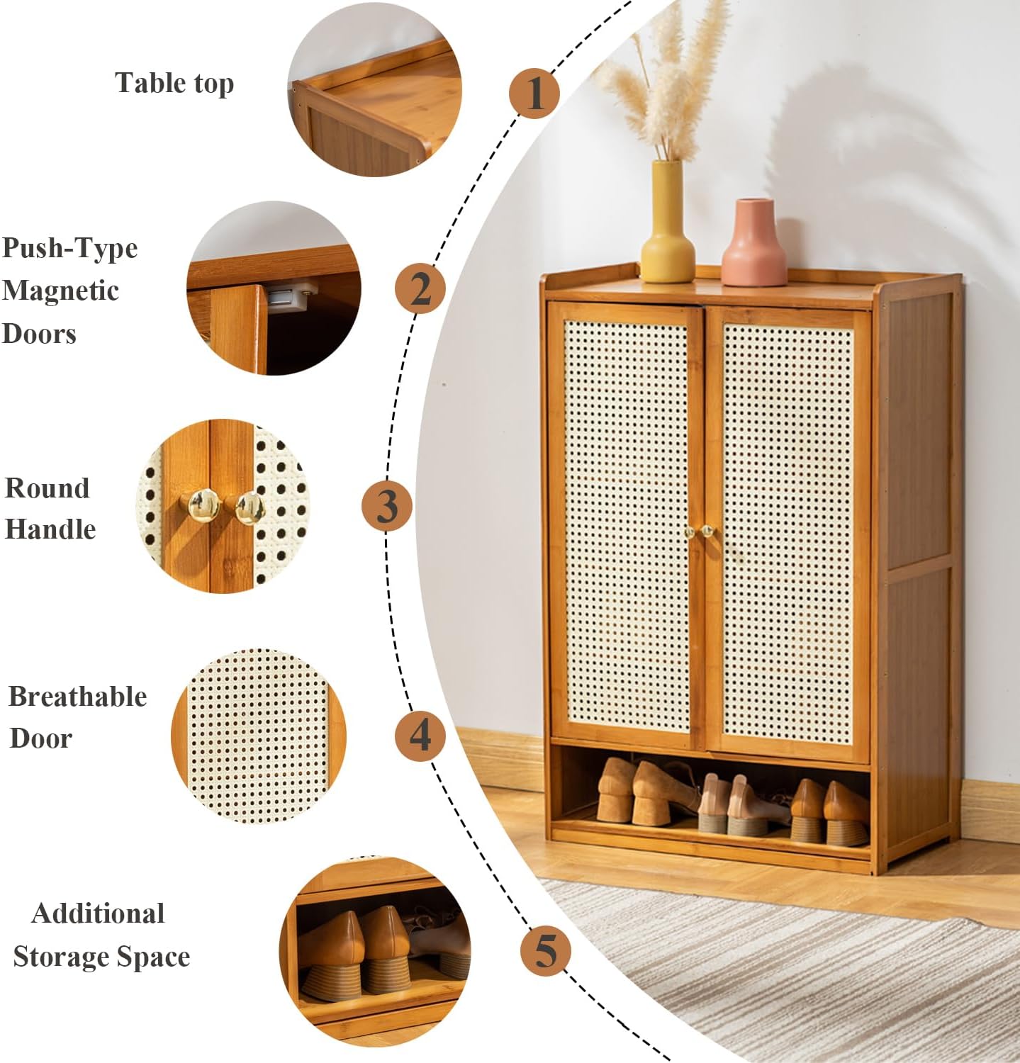 Parts Features Of Multi-Layer Wooden Flip Down Shoe Storage Organizer Rack.
