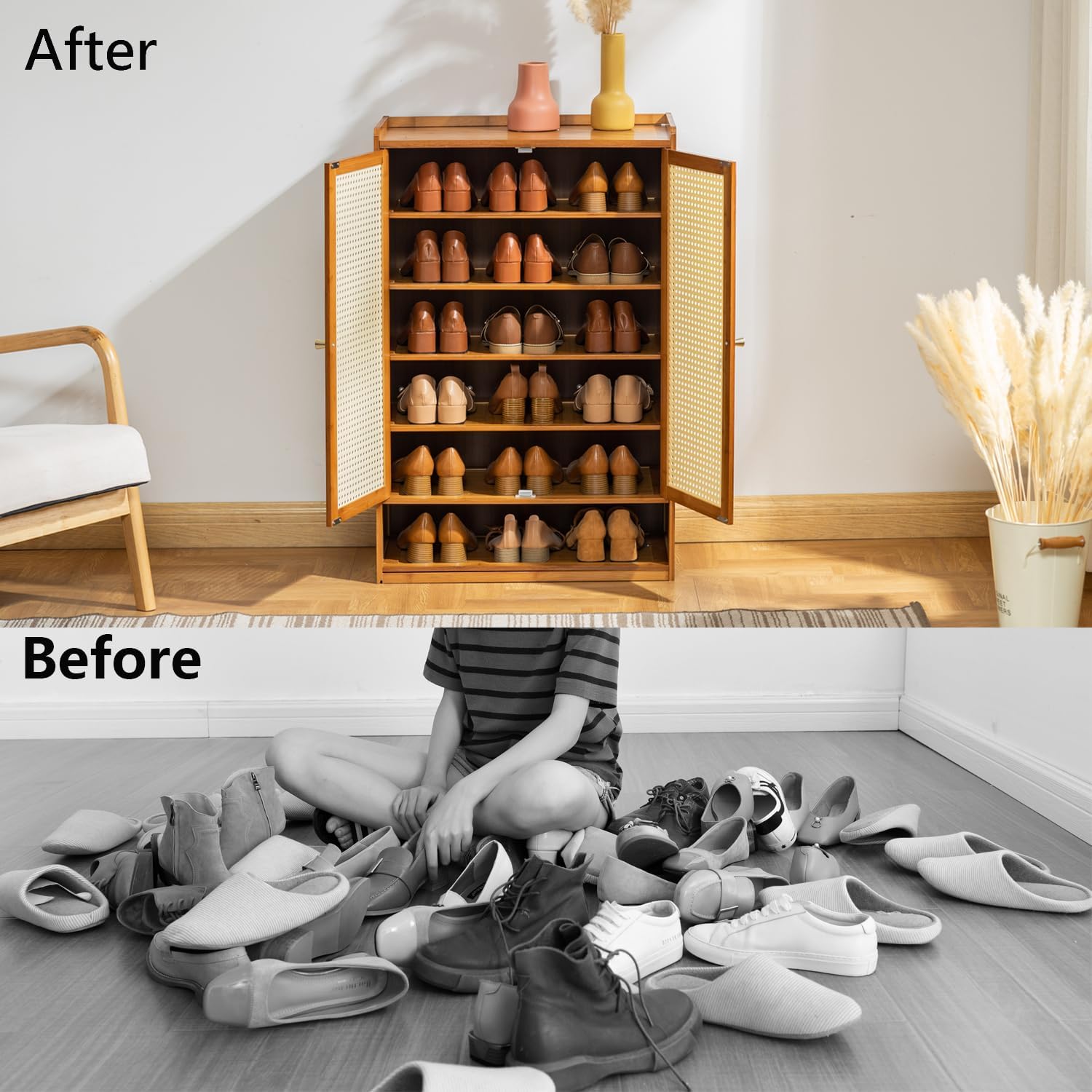 Before and After Usage Of Multi-Layer Wooden Flip Down Shoe Storage Organizer Rack.