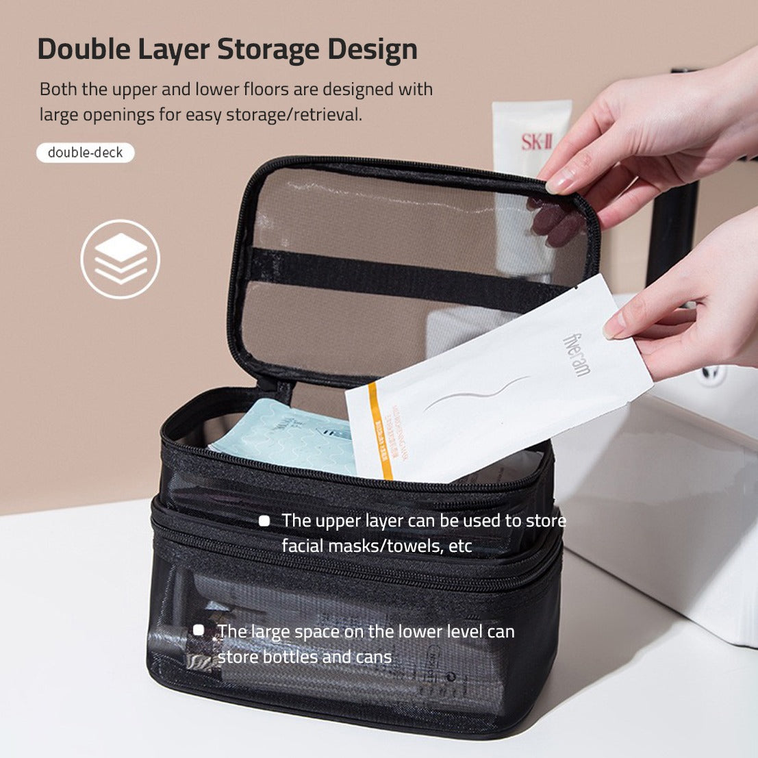 Someone taking something from a double-layer mesh cosmetic bag