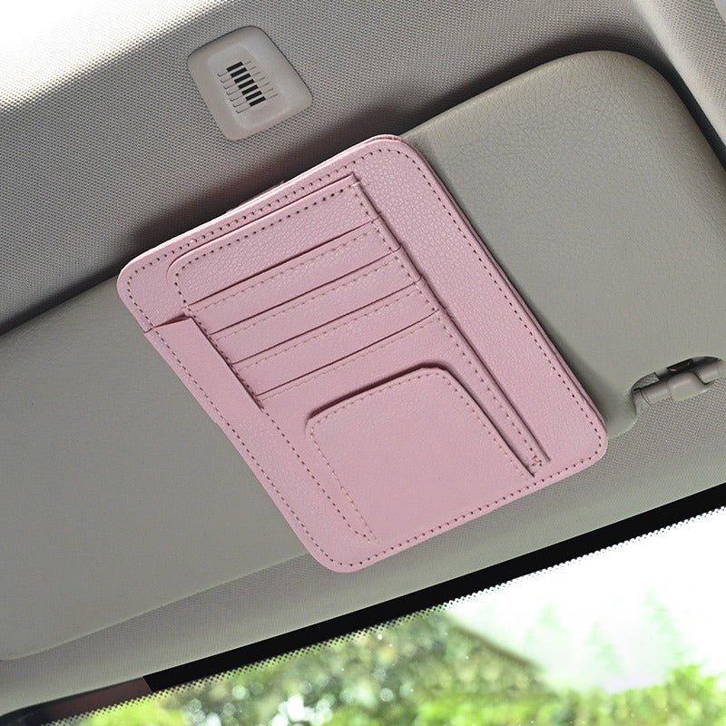 Leather Car Sun Visor Organizer in pink color