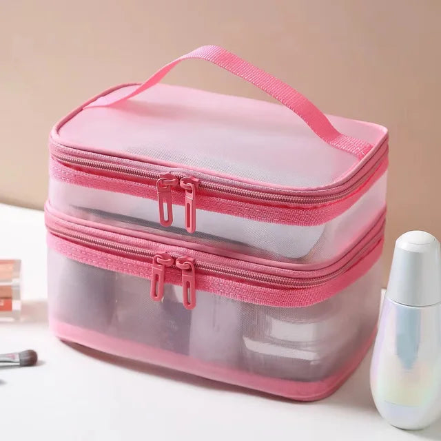 Double Layer Mesh Cosmetic Bag in pink color