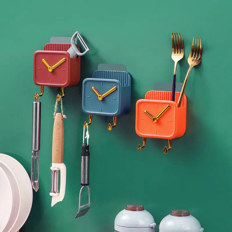 Multi-Purpose Wall-Mounted Storage Rack Holding Kitchen Items.