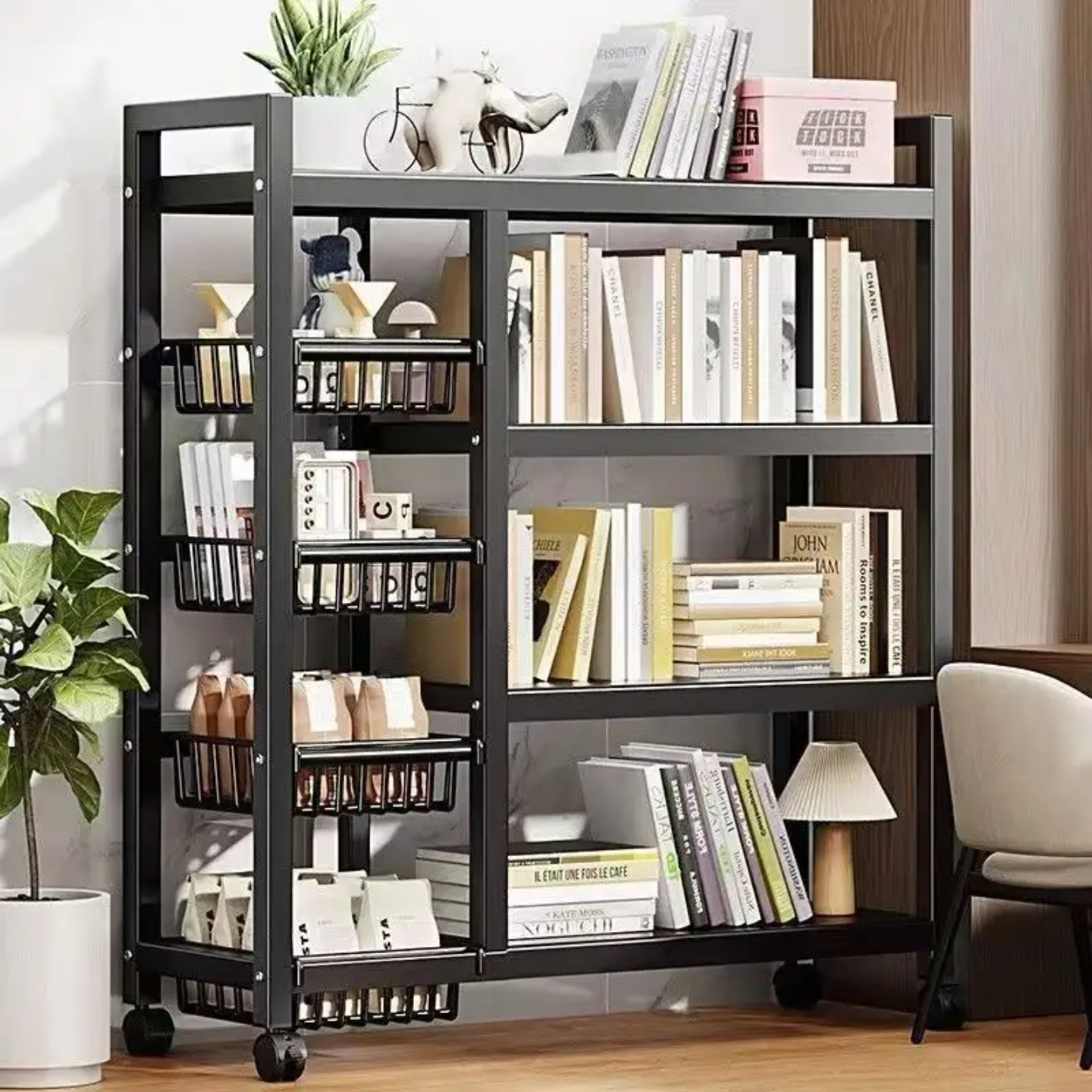 Multi-Tier Kitchen Storage Rack Organized with Books.