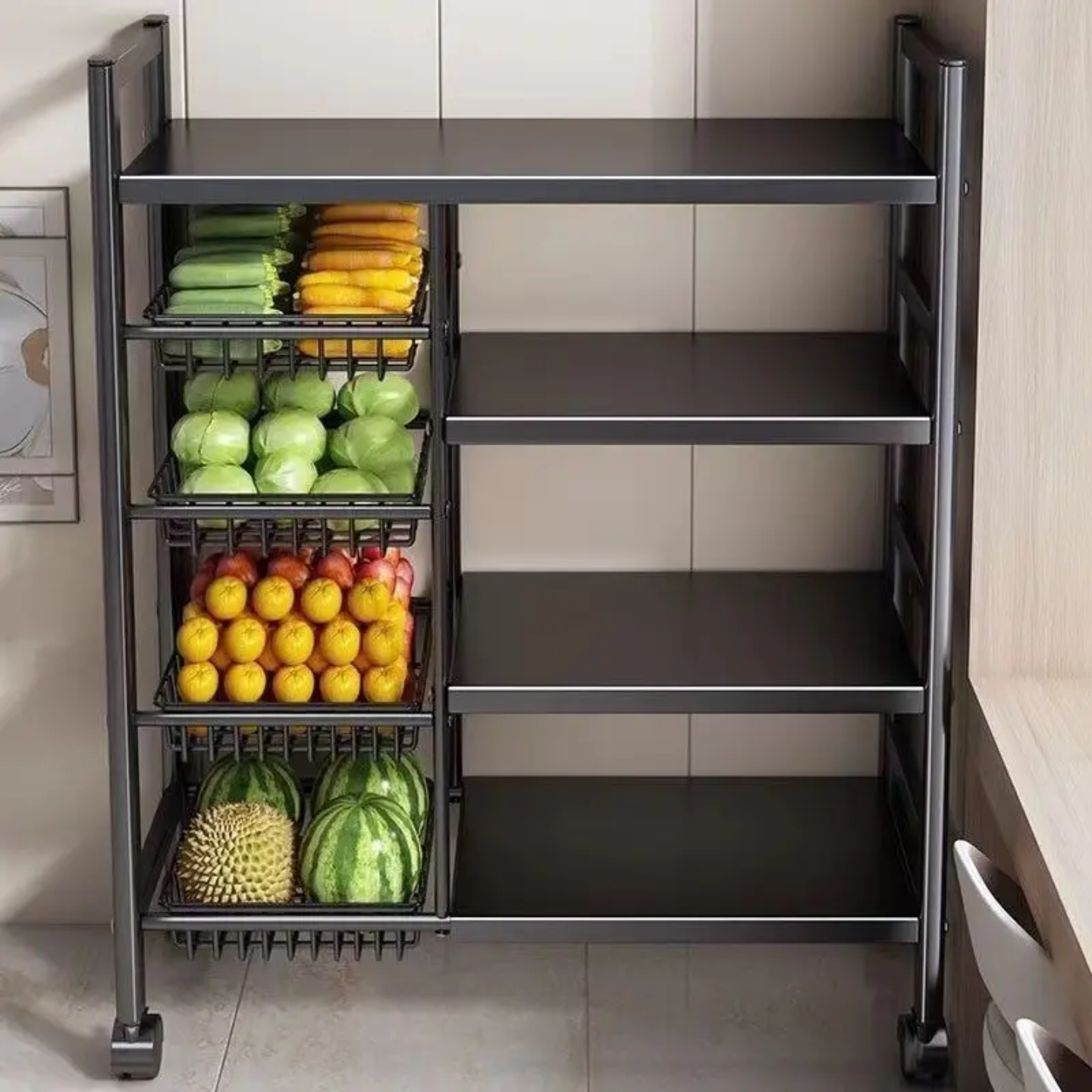 Multi-Tier Kitchen Storage Rack Filled with Fruits and Vegetables.