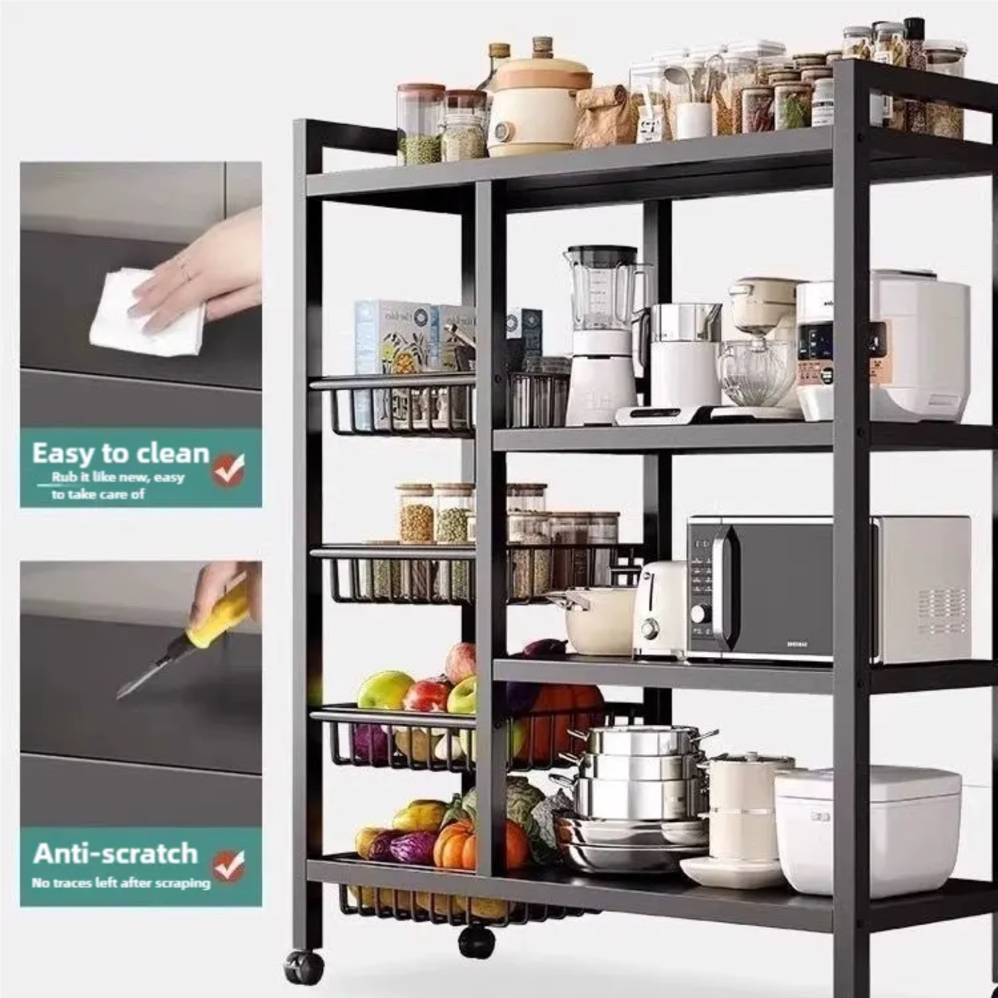 Multi-Tier Kitchen Storage Rack with Kitchen Essentials.