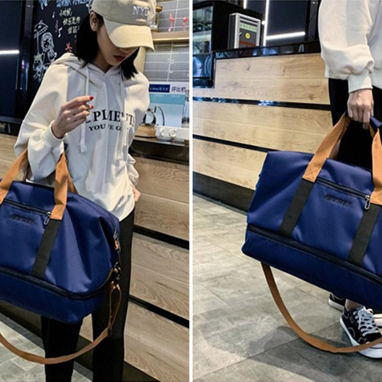 A Girl is Carrying Multi-functional Fashion Fitness Travel Duffle Bag.