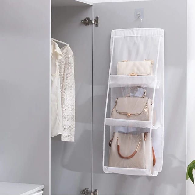 Multi-layer Handbag Hanging Organizer hanging on the cupboard