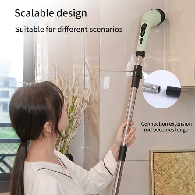 A lady is cleaning tiles using the 9-in-1 Multifunctional Electric Cleaning Brush