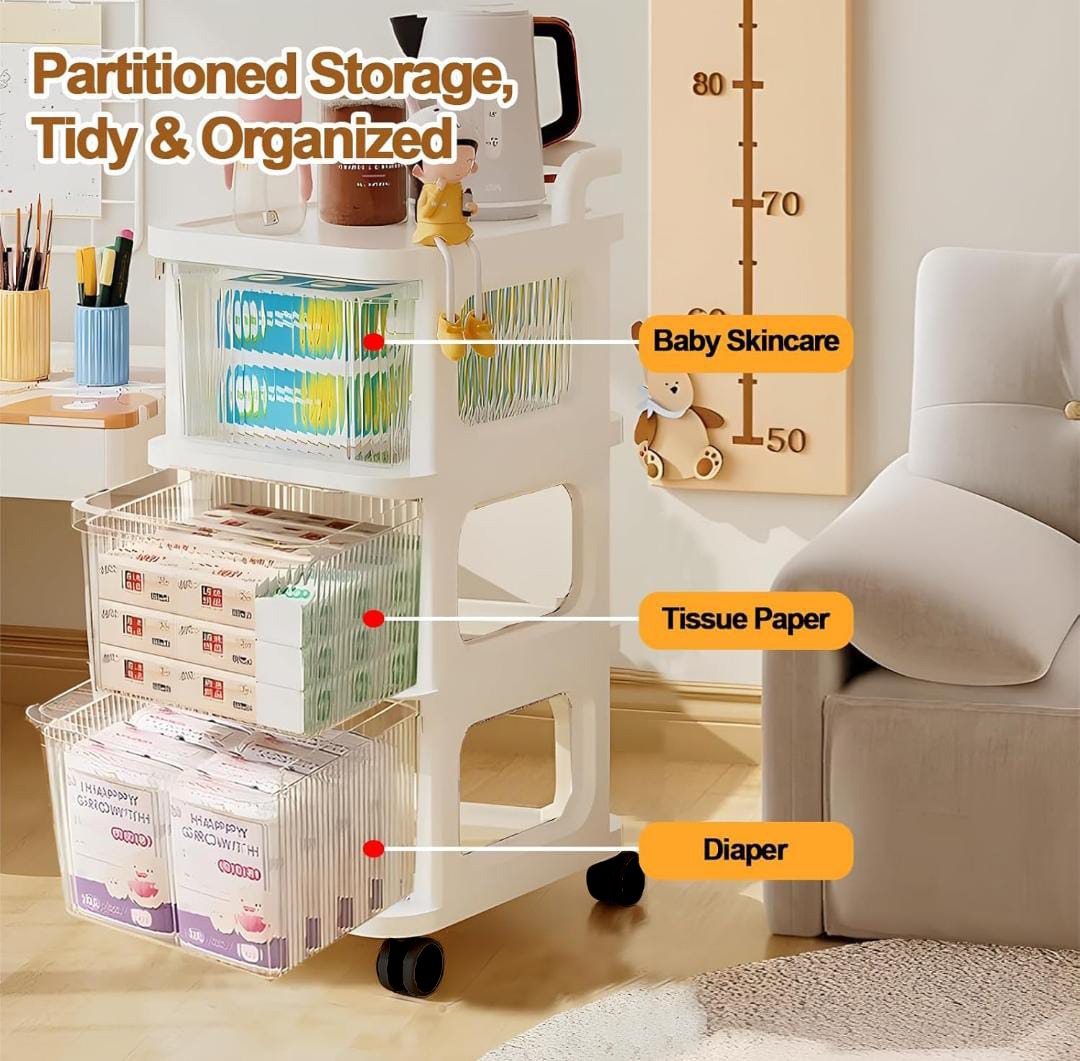 A Multifunctional Storage Trolley Rack is Organized with Baby Items.