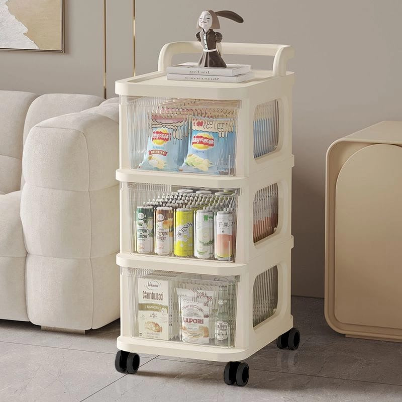 A Multifunctional Storage Trolley Rack is Arranged with Food Items.