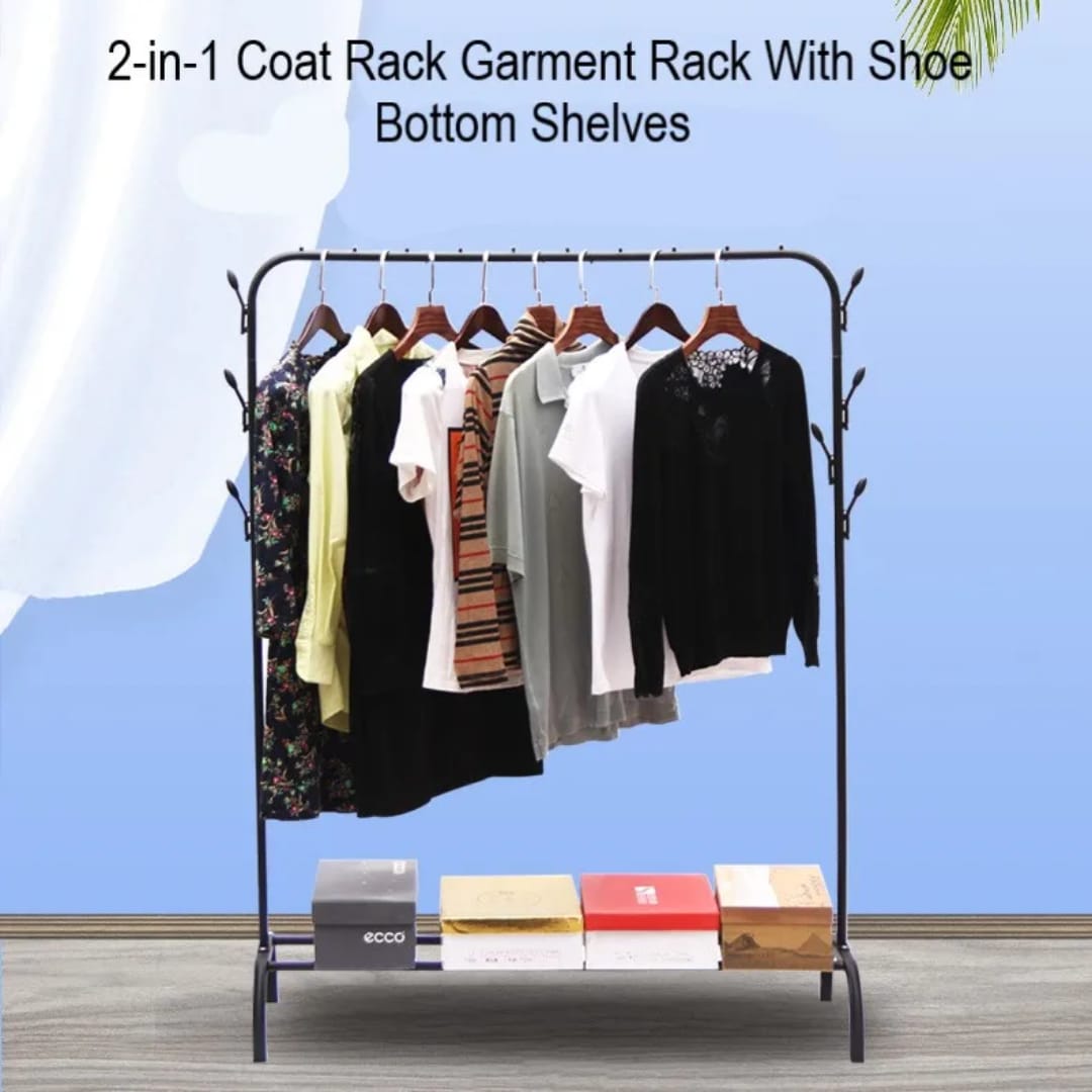 Clothes are Hanged on the Multipurpose Metal Garment Stand.