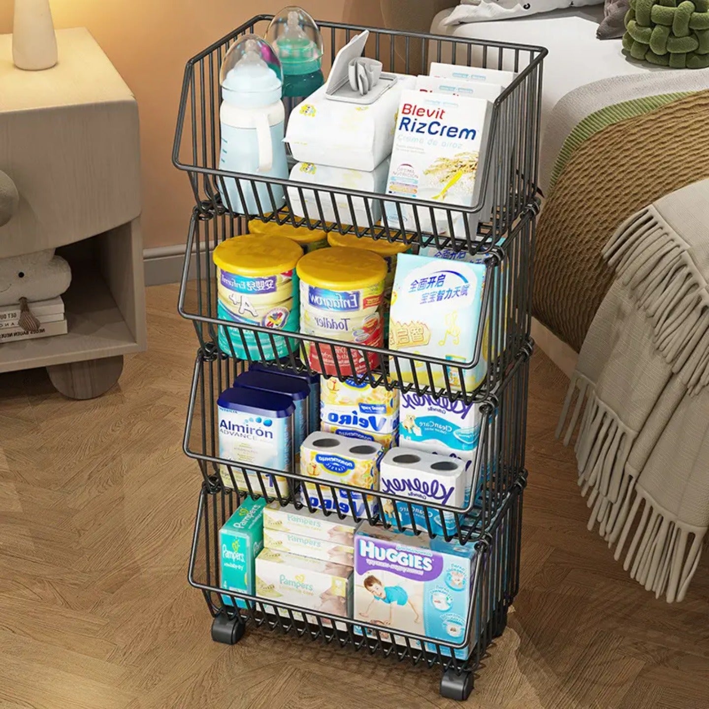 Multipurpose Storage Organizer Cart Organized with Baby Essentials.