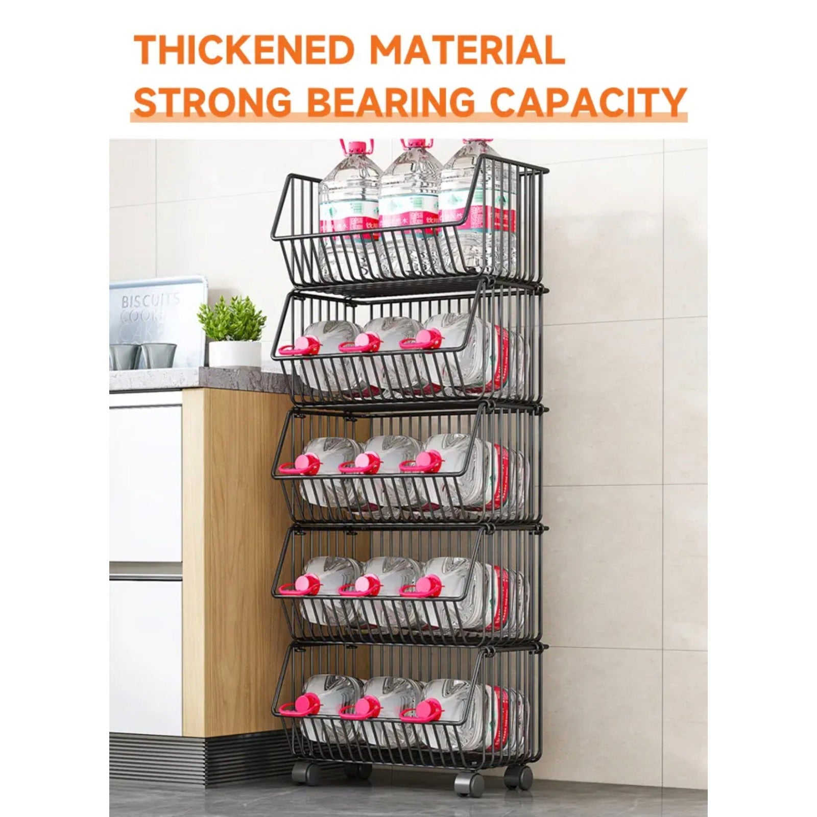 Multipurpose Storage Organizer Cart is Bearing Water Bottles.