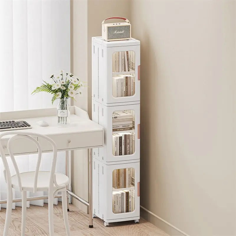Narrow Tall Floor Storage Cabinet placed next to the table