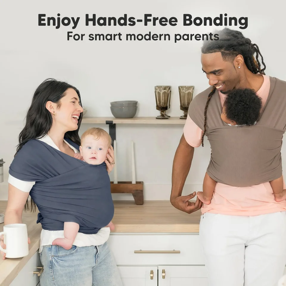 A Father and Mother Holds Their Babies Using Newborn Baby Wrap Carrier Cloth.