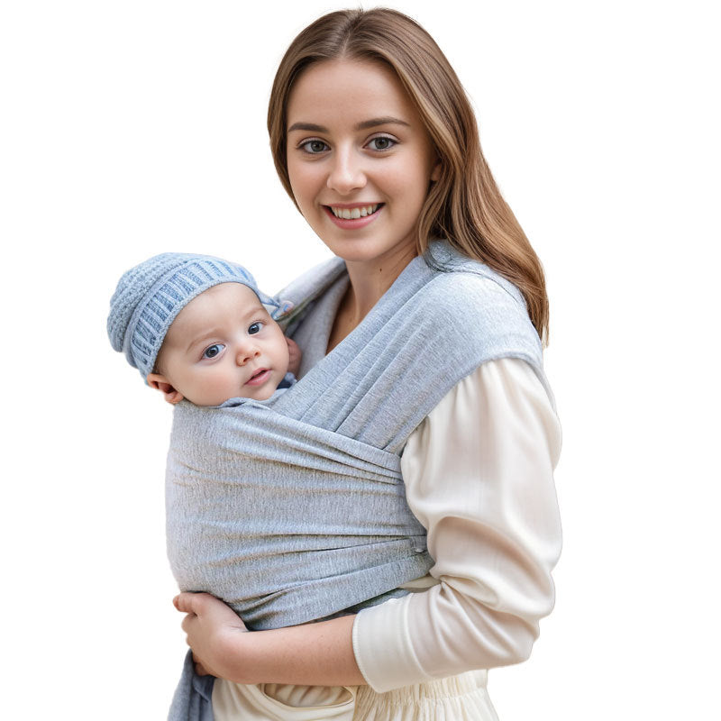 A Women is Holding Her Baby Using Newborn Baby Wrap Carrier Cloth in Grey Color.