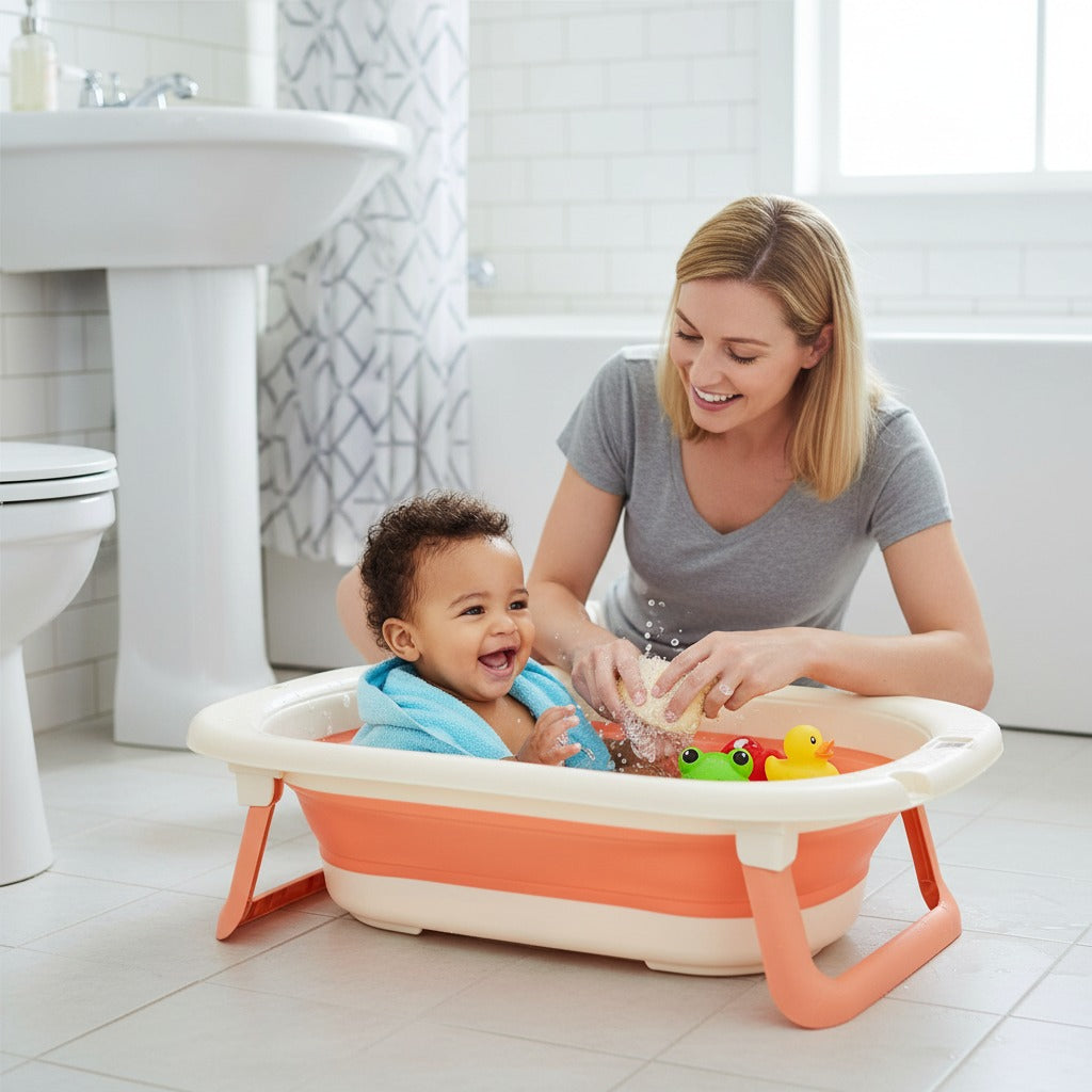 Newborn bathtub shown with a happy baby sitting inside while a parent assists during bath time.