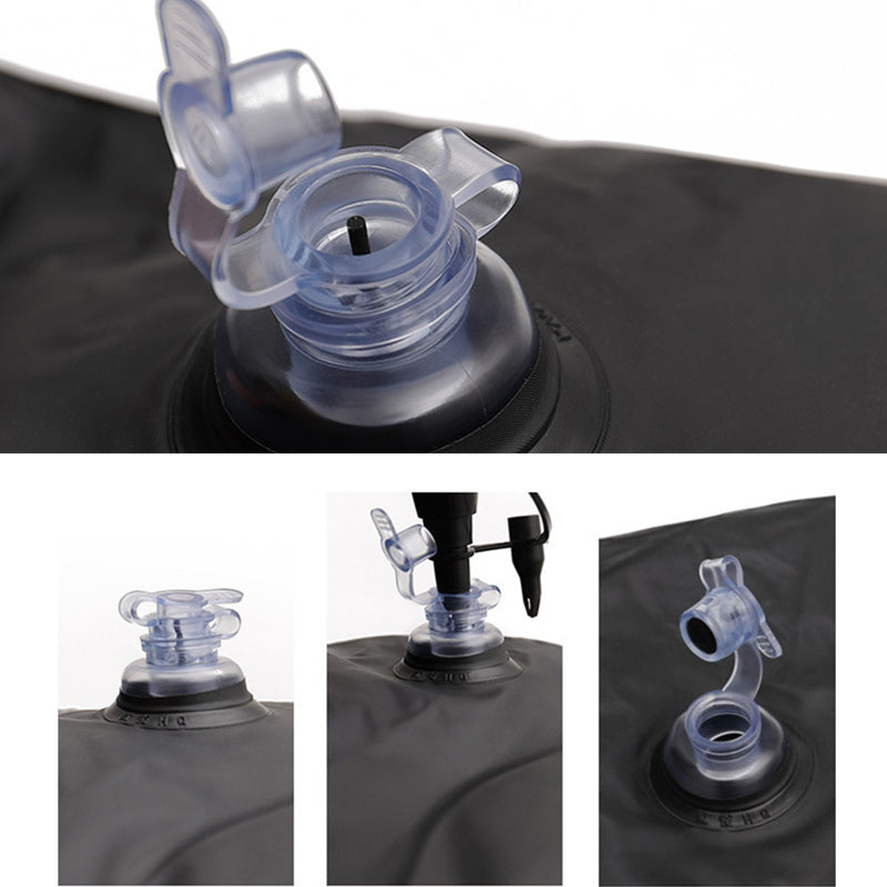 a collage features and components of a plastic tube Portable Travel Inflatable Car Bed