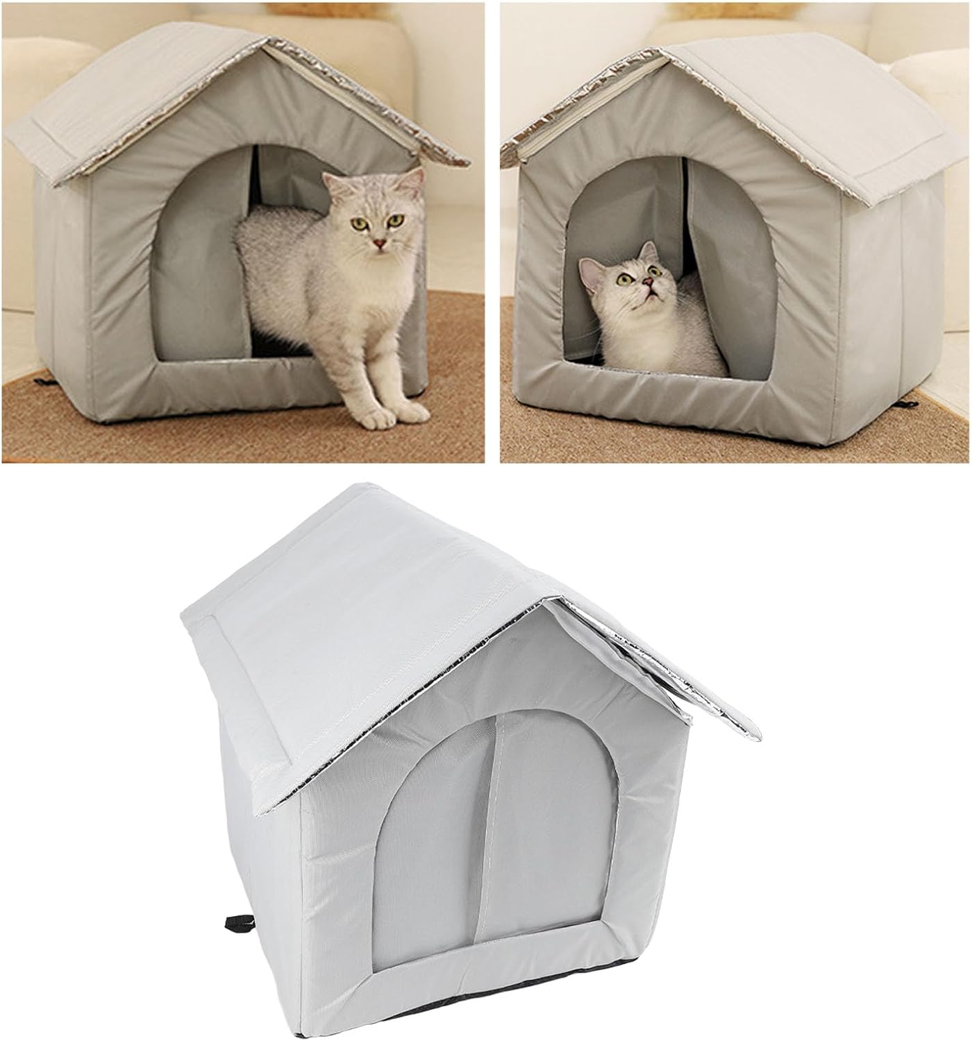 Collage of a cat inside a gray Outdoor Cat House on a wooden floor.