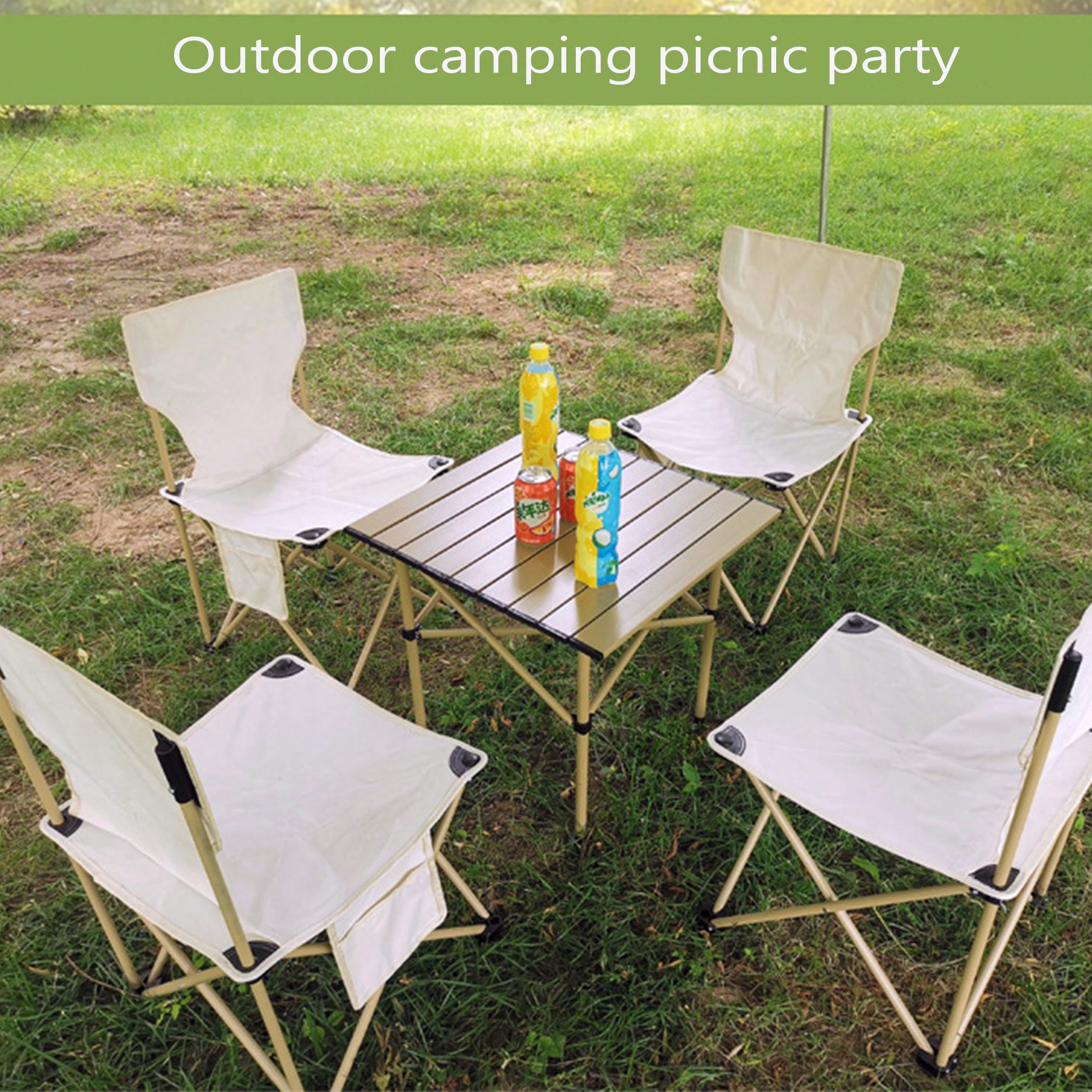 Outdoor Folding Camping Table and Chair Set is Arranged in a Camping Area.