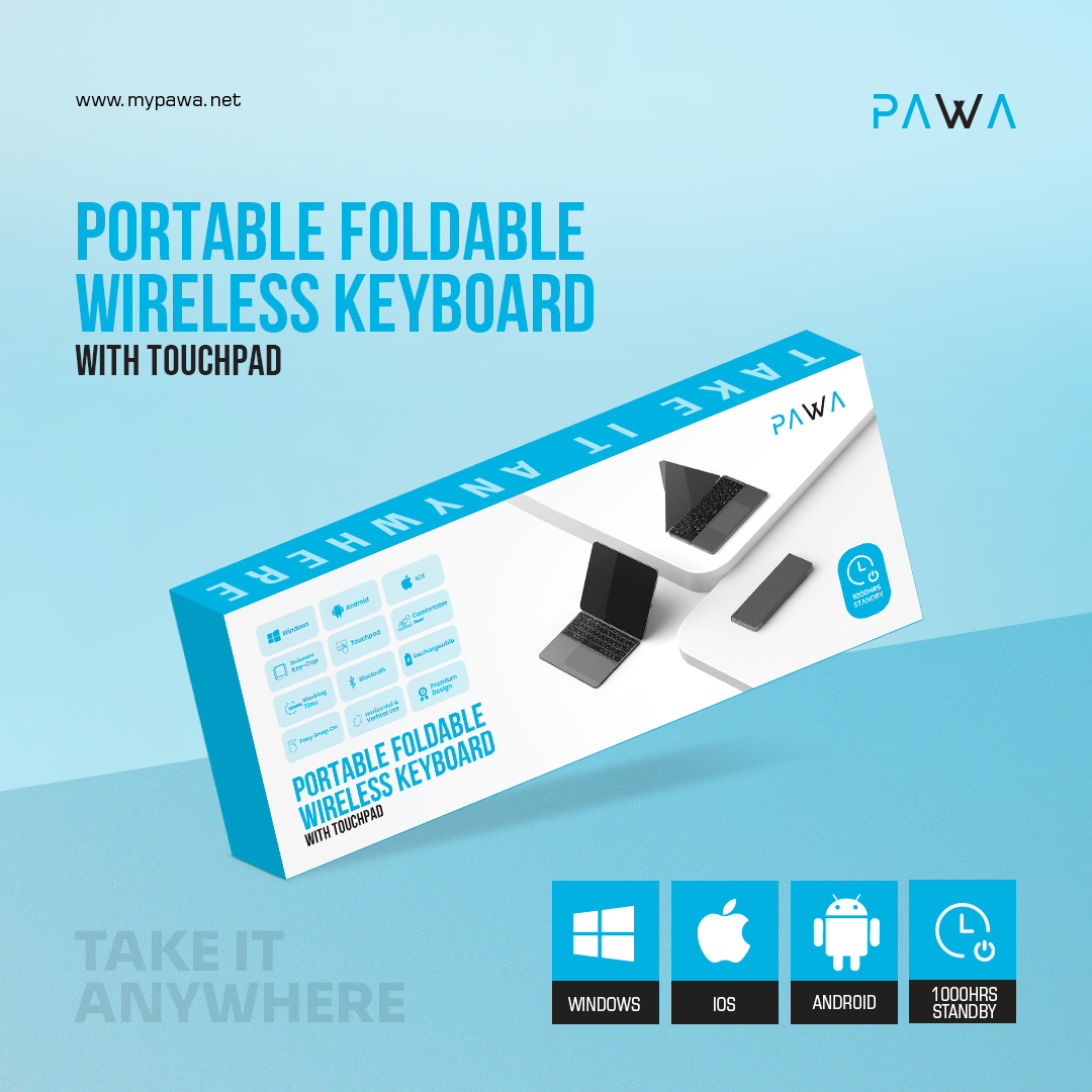 Box of a portable foldable wireless keyboard with touchpad on a light blue background