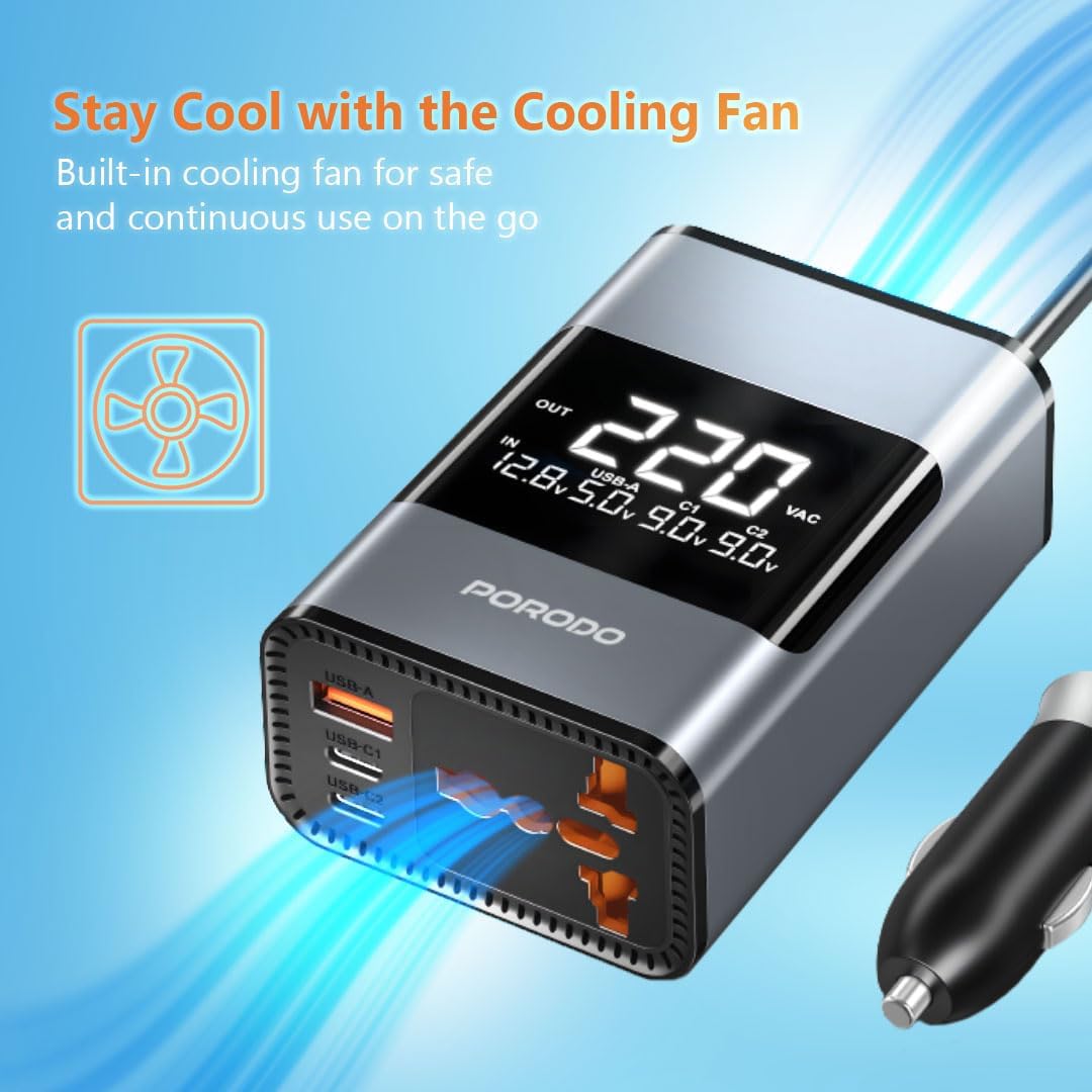 PORODO power adapter with digital display and cooling fan feature on a blue background