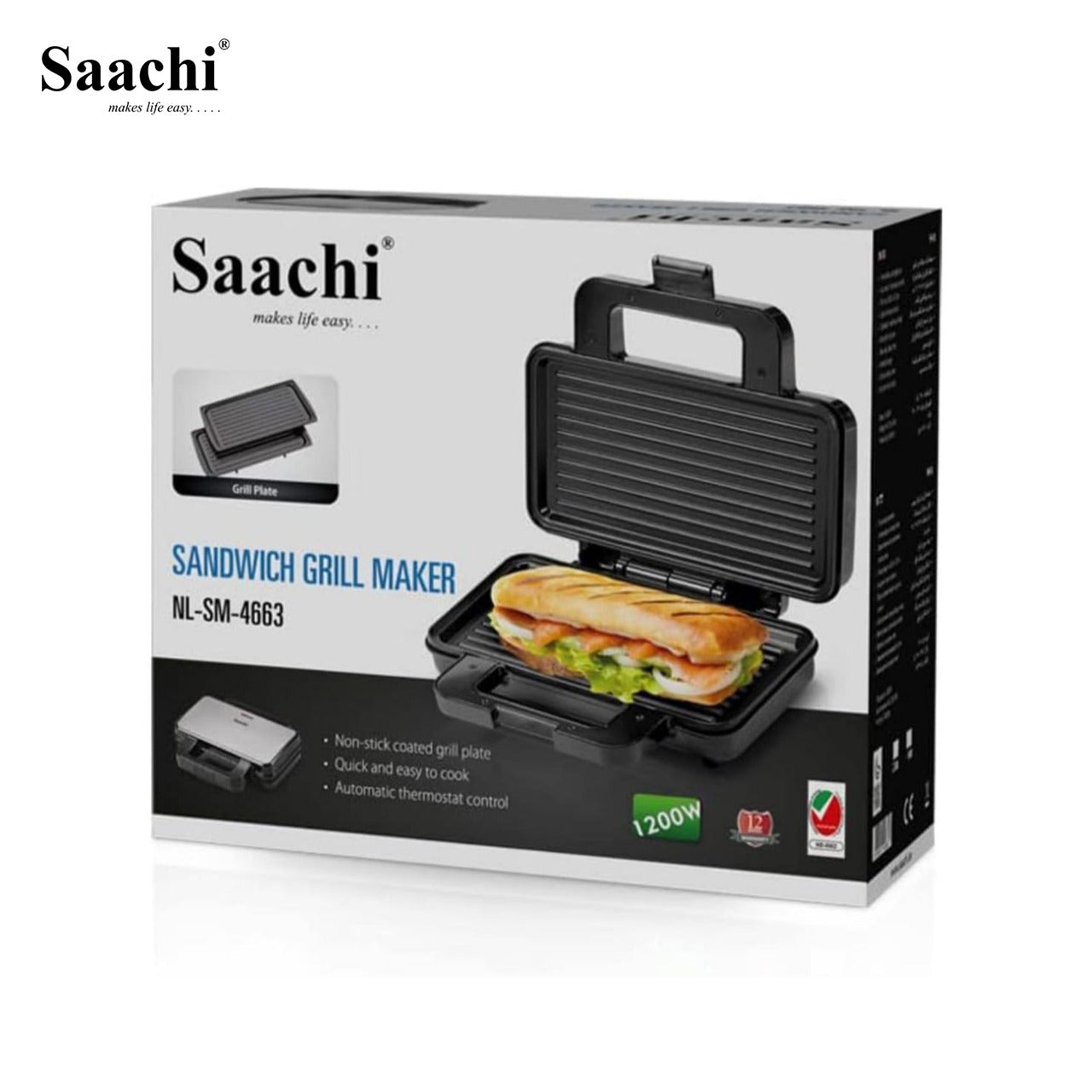Package Of Saachi Sandwich Grill Maker NL-SM-4663.