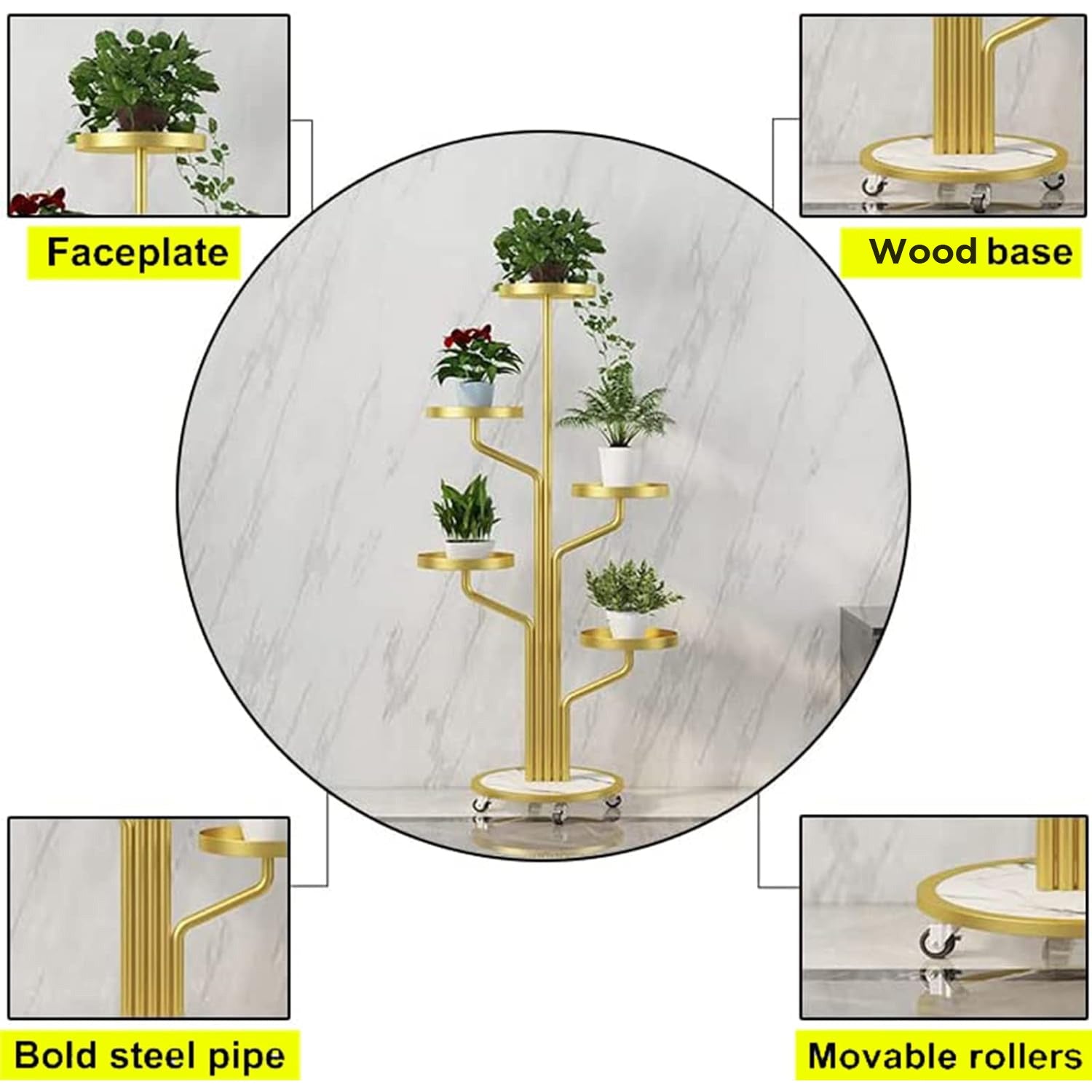 Parts Of Golden color Indoor Plant Stand placed in a room along with plants.