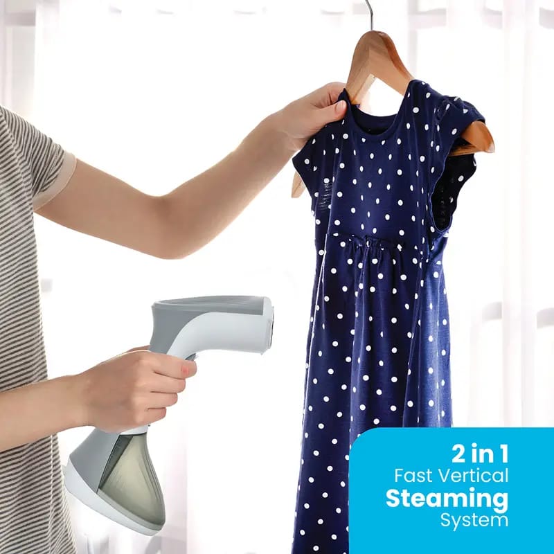 A Women is Steaming Garment Using Pawa 2 in 1 Fast Vertical Steamer.