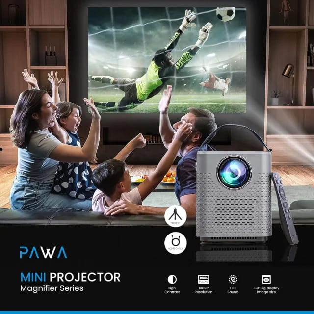 A Family is Enjoying Football Through Pawa Mini Projector Magnifier Series 1080p