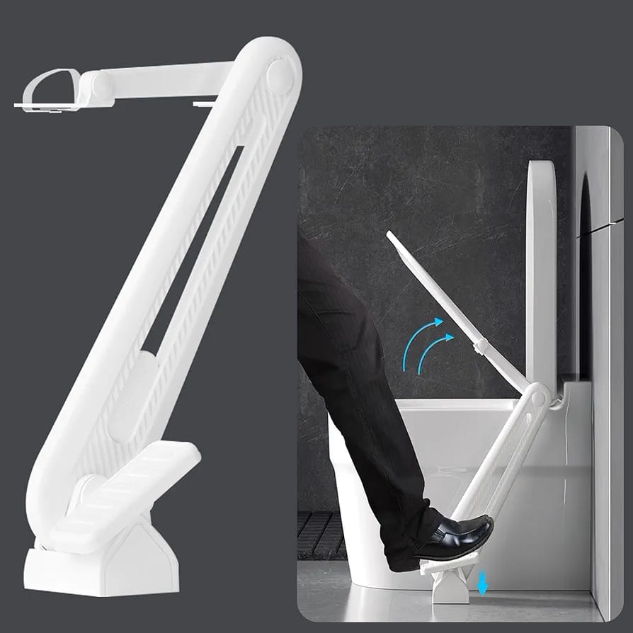 A Person is Pressing the Pedal of Pedal Type Toilet Lid Lifter.