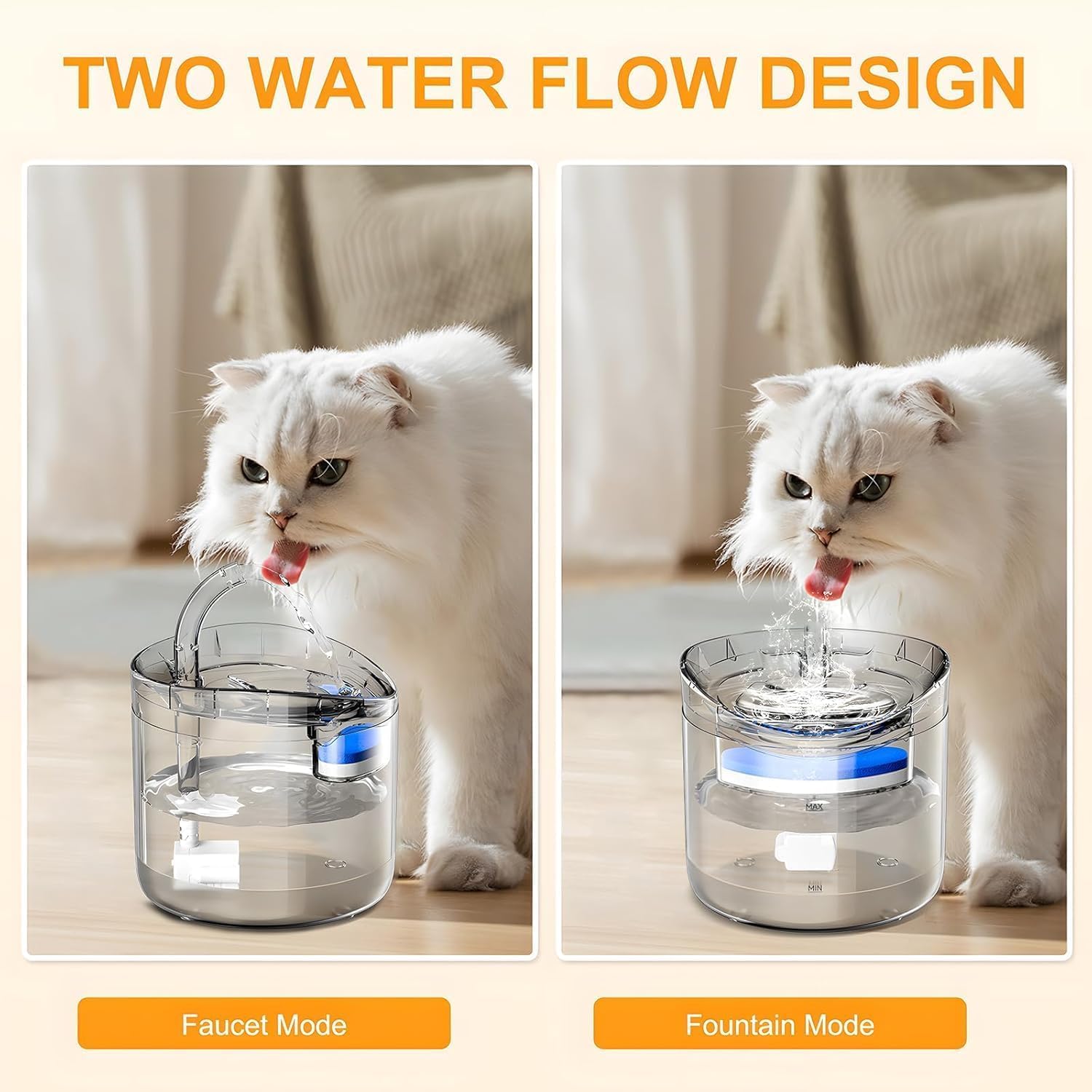A white cat drinking from a transparent pet water fountain with two water flow modes. On the left, “Faucet Mode” displays a curved stream of water flowing like a tap, while on the right, “Fountain Mode” shows bubbling water rising from the center.