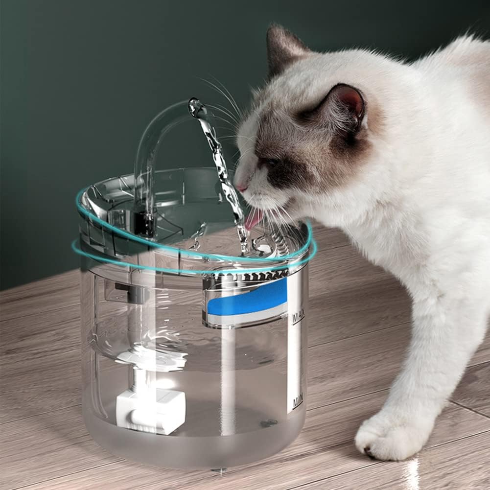 A cat drinking water from a transparent pet water fountain placed on a wooden floor, with a continuous stream flowing from a spout, showing the filtered water system and fill level markings.