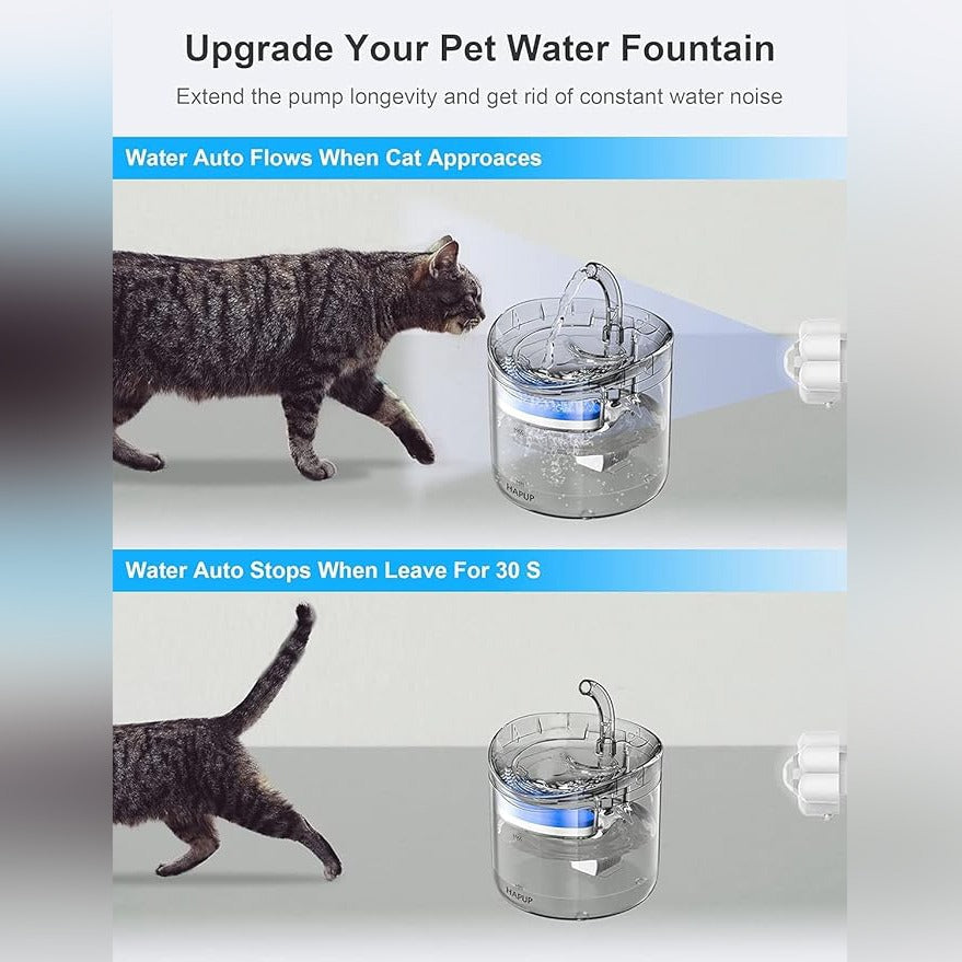 In the top section, a cat approaches the transparent fountain and water begins to flow automatically. In the bottom section, the cat walks away and the water stops after a short time.