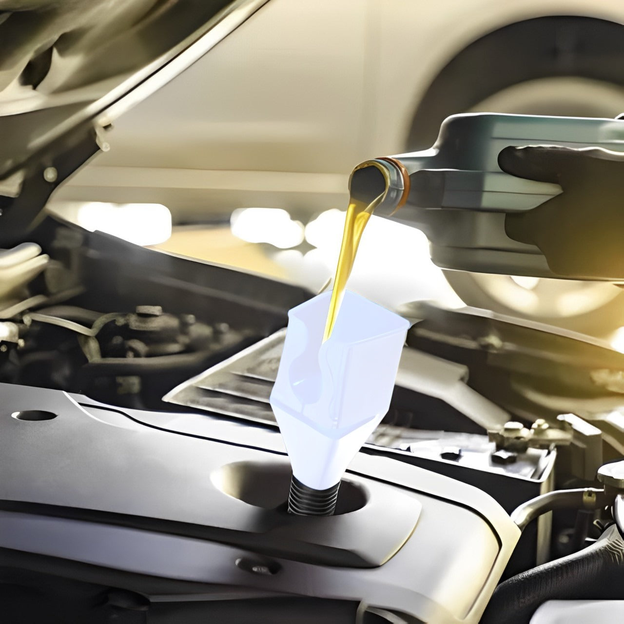 A Car is Filled by Petrol Using Fuel Funnel.