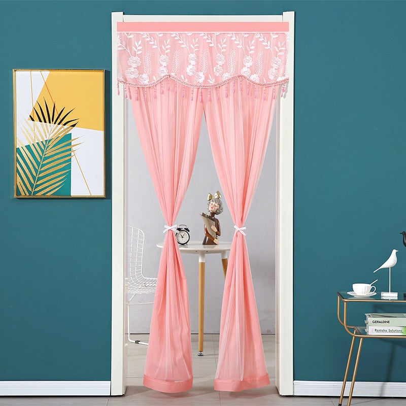 Pink Double-Layered Lace Curtain.